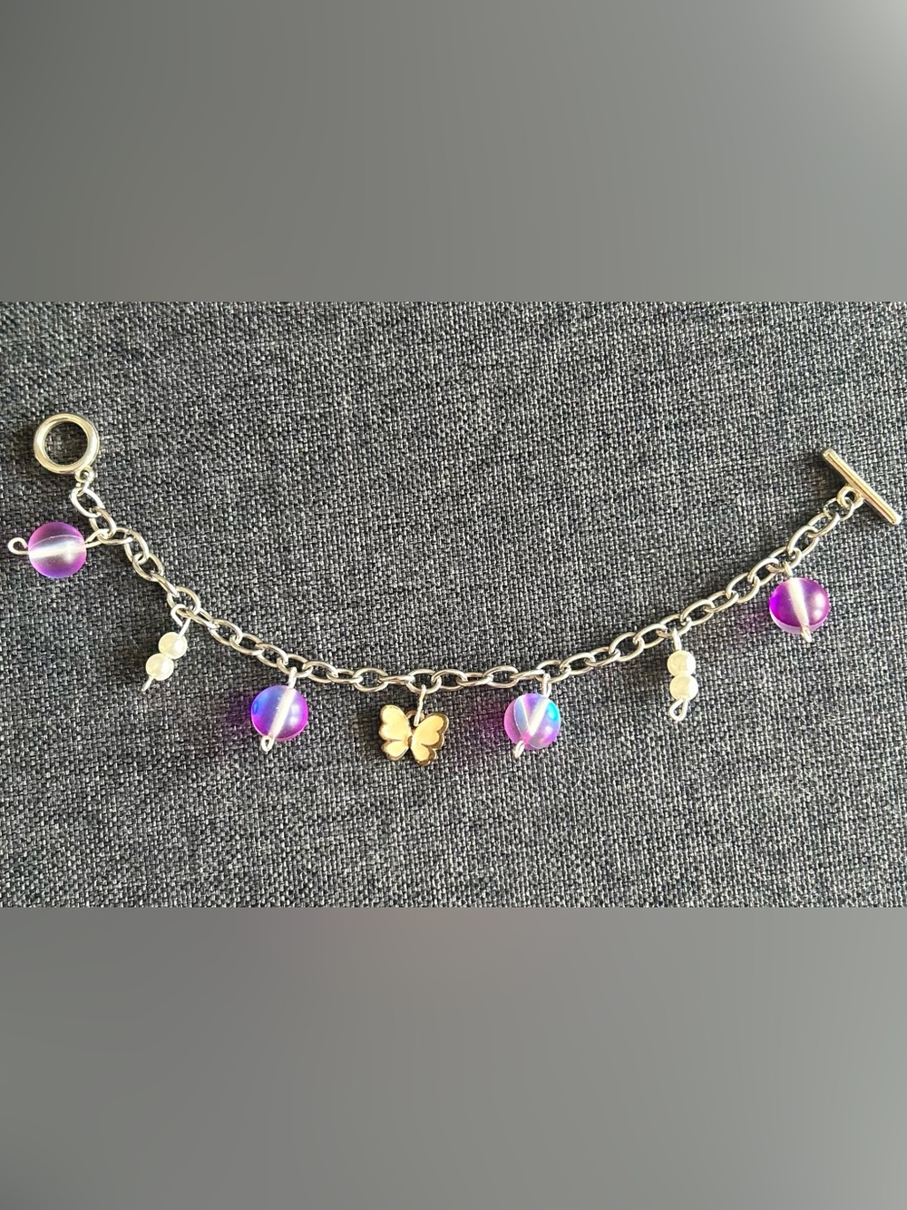 Gold Butterfly Charm Bracelet with Purple Beads